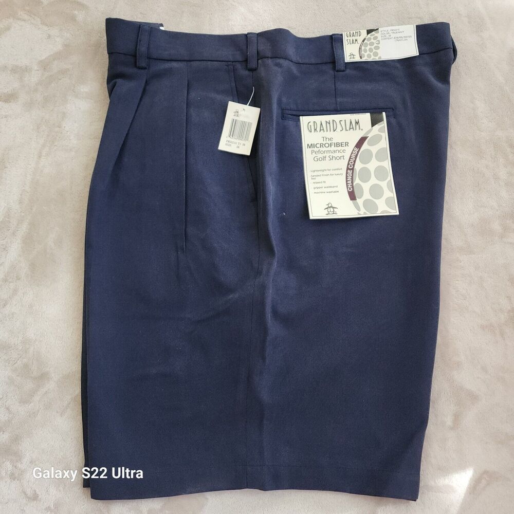 GRAND SLAM Performance Microfiber Golf Shorts Men's Casual Pleated, Navy Size 38